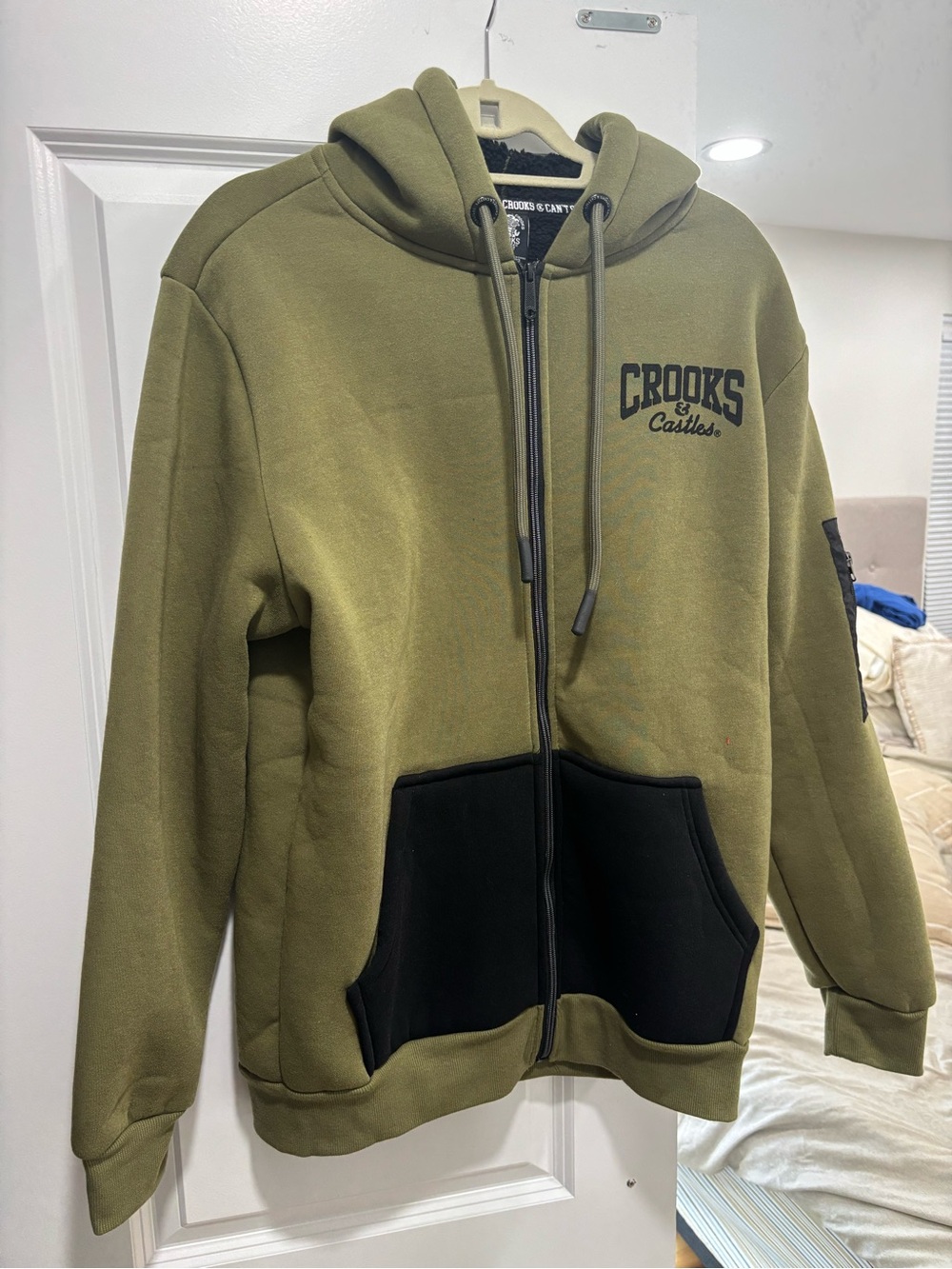 Crooks & Castles Olive Green Men's Zip Hoodie Sherpa lined